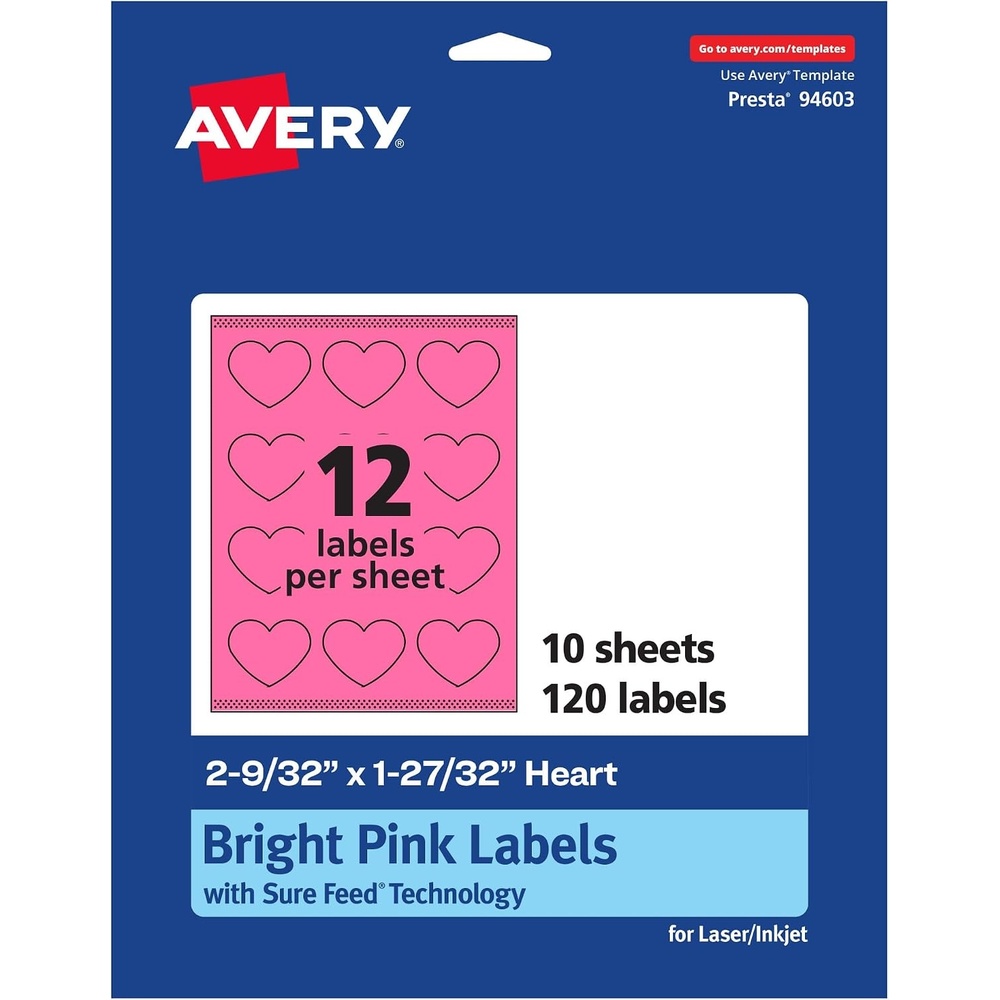 image:imageAvery Printable Heart Labels Sure Feed Technology 2932 x 12732 Bright Pink Labels PrinttoTheEdge LaserInkjet Printable 120 Total Great for Mailing Seals and Packaging120 labels