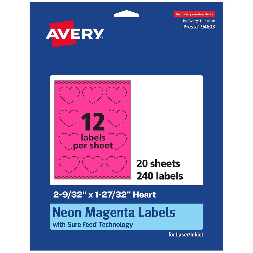 image:imageAvery Printable Heart Labels Sure Feed Technology 2932 x 12732 Neon Magenta Labels PrinttoTheEdge LaserInkjet Printable 120 Total Great for Mailing Seals and Packaging240 labels
