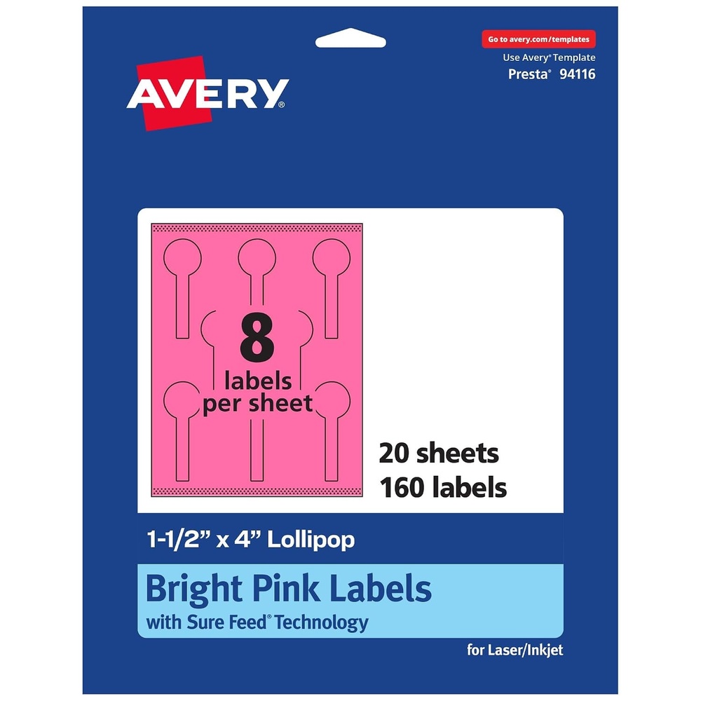 image:imageAvery Printable Lollipop Labels Sure Feed Technology 112 x 4 Bright Pink Labels PrinttoTheEdge LaserInkjet Printable 80 Total Great for Jars and Baking Seal Stickers160 labels