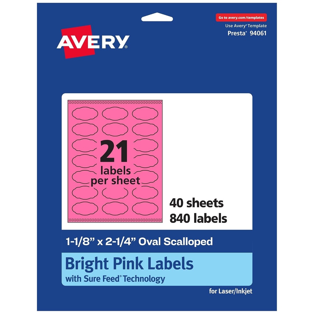 image:imageAvery Printable Oval Scalloped Labels Sure Feed Technology 118 x 214 Bright Pink Labels PrinttoTheEdge LaserInkjet Printable 210 Total Great for Candles and Jars840 labels