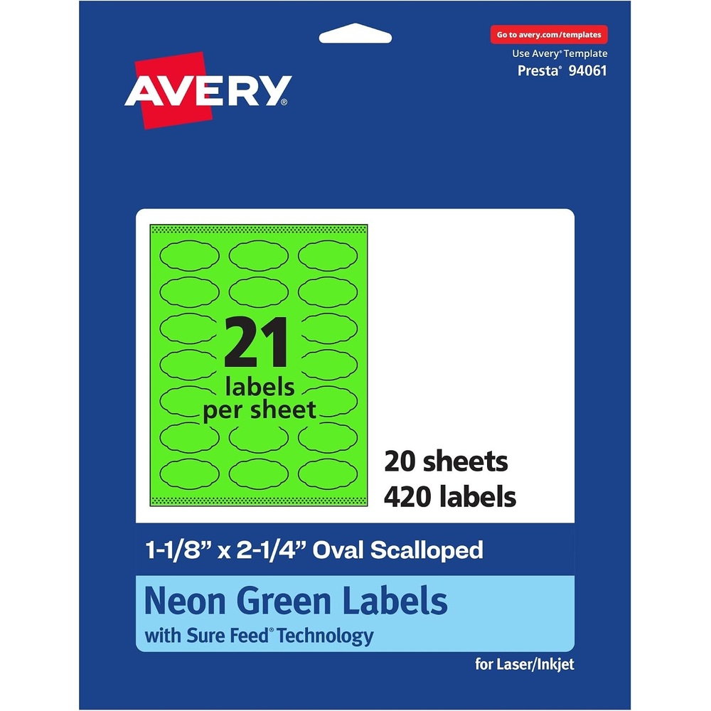 image:imageAvery Printable Oval Scalloped Labels Sure Feed Technology 118 x 214 Neon Green Labels PrinttoTheEdge LaserInkjet Printable 210 Total Great for Candles and Jars420 labels
