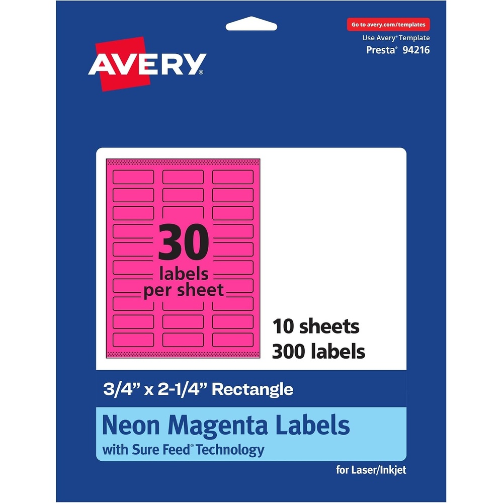 image:imageAvery Printable Rectangle Labels Sure Feed Technology 34 x 214 Neon Magenta Labels PrinttoTheEdge LaserInkjet Printable 1200 Total Great for Mailing300 labels