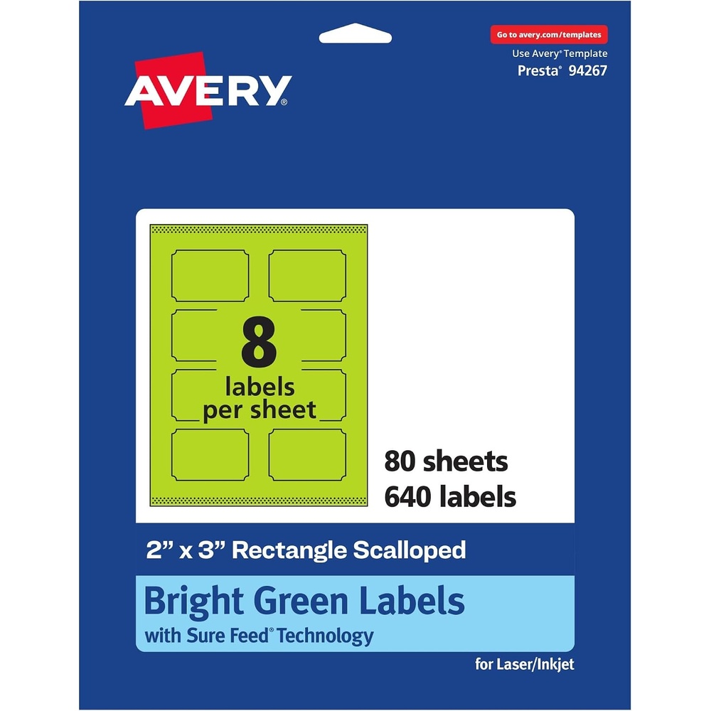 image:imageAvery Printable Rectangle Scalloped Labels Sure Feed Technology 2 x 3 Bright Green Labels PrinttoTheEdge LaserInkjet Printable 80 Total Great for Mailing and Candles640 labels