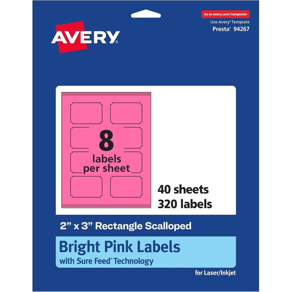 image:imageAvery Printable Rectangle Scalloped Labels Sure Feed Technology 2 x 3 Bright Pink Labels PrinttoTheEdge LaserInkjet Printable 80 Total Great for Mailing and Candles320 labels