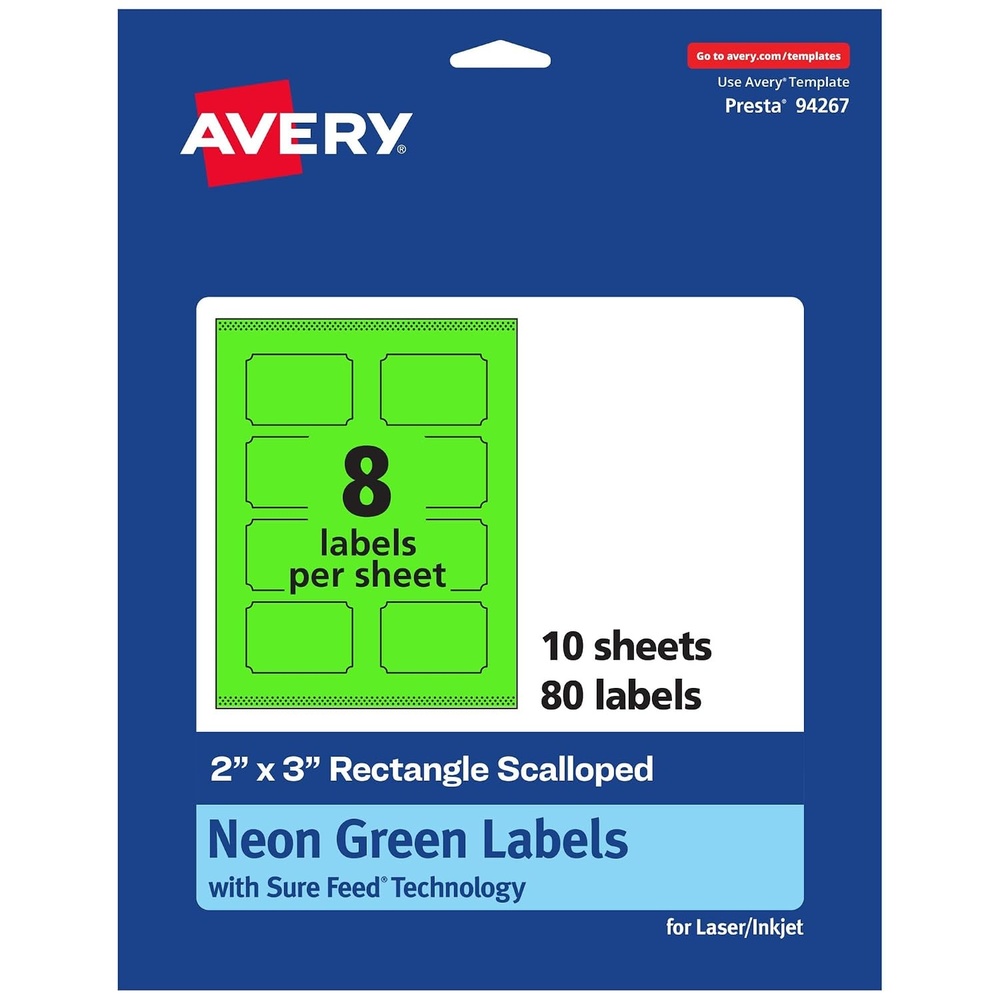 image:imageAvery Printable Rectangle Scalloped Labels Sure Feed Technology 2 x 3 Neon Green Labels PrinttoTheEdge LaserInkjet Printable 80 Total Great for Mailing and Candles80 labels