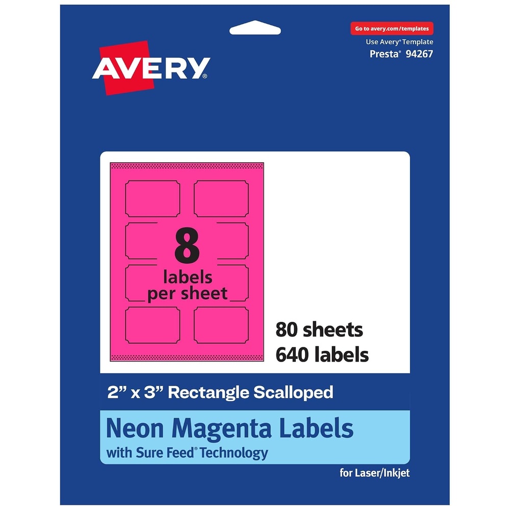 image:imageAvery Printable Rectangle Scalloped Labels Sure Feed Technology 2 x 3 Neon Magenta Labels PrinttoTheEdge LaserInkjet Printable 80 Total Great for Mailing and Candles640 labels