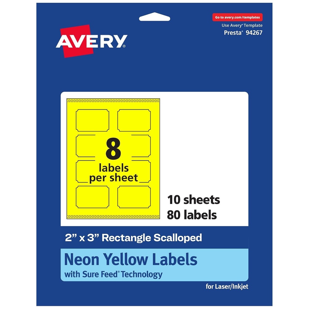 image:imageAvery Printable Rectangle Scalloped Labels Sure Feed Technology 2 x 3 Neon Yellow Labels PrinttoTheEdge LaserInkjet Printable 80 Total Great for Mailing and Candles80 labels