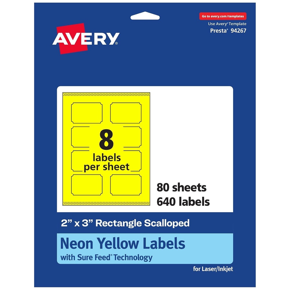 image:imageAvery Printable Rectangle Scalloped Labels Sure Feed Technology 2 x 3 Neon Yellow Labels PrinttoTheEdge LaserInkjet Printable 80 Total Great for Mailing and Candles640 labels