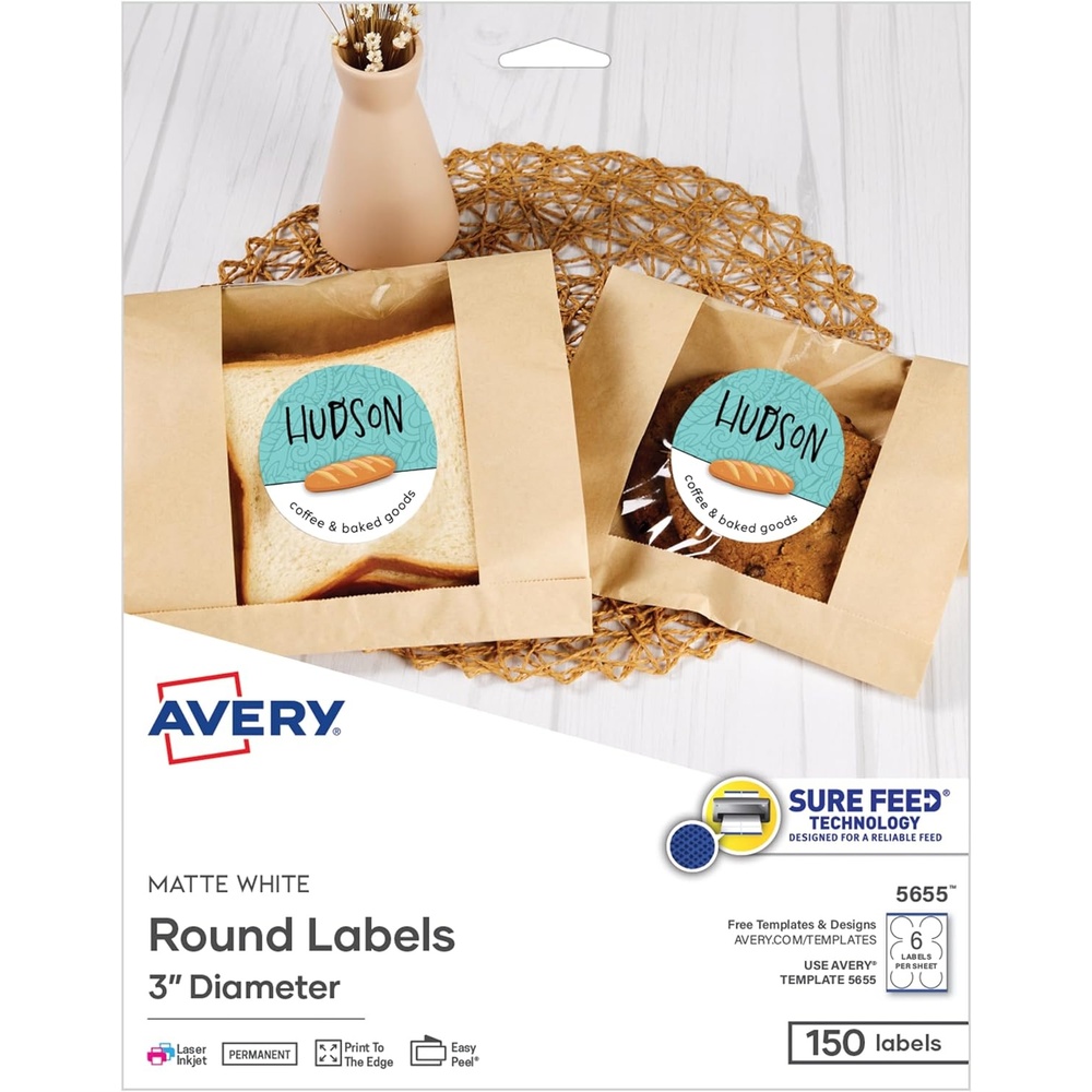 image:imageAvery Printable Round Labels Sure Feed Technology 3 Diameter Matte White Permanent Adhesive LaserInkjet Printable 150 Blank Labels Great for Product Merchandising Favors and More 5655