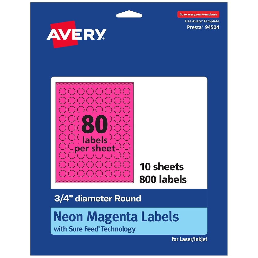 image:imageAvery Printable Round Labels Sure Feed Technology 34 Diameter Neon Magenta Labels PrinttoTheEdge LaserInkjet 3200 Total Great for Price Stickers and Mailing Seals800 labels