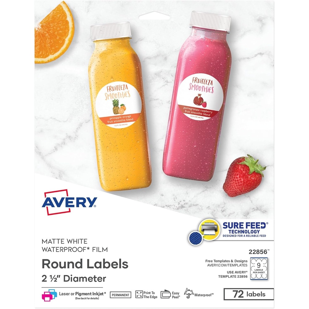 image:imageAvery Printable Round Labels Sure Feed Technology Glossy White Labels 2 Diameter Permanent Adhesive LaserInkjet 120 Total 22807Matte White