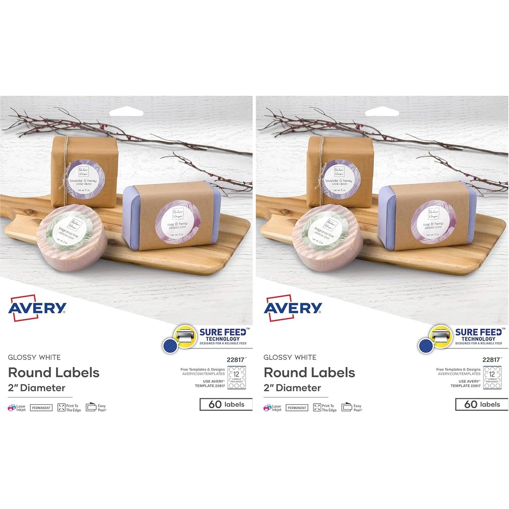 image:imageAvery Printable Round Labels with Sure Feed Technology 2 Diameter Glossy White Laser amp Inkjet Compatible 60 Blank Labels Total Great for Mailing Branding and More 2281760 Count Pack of 2