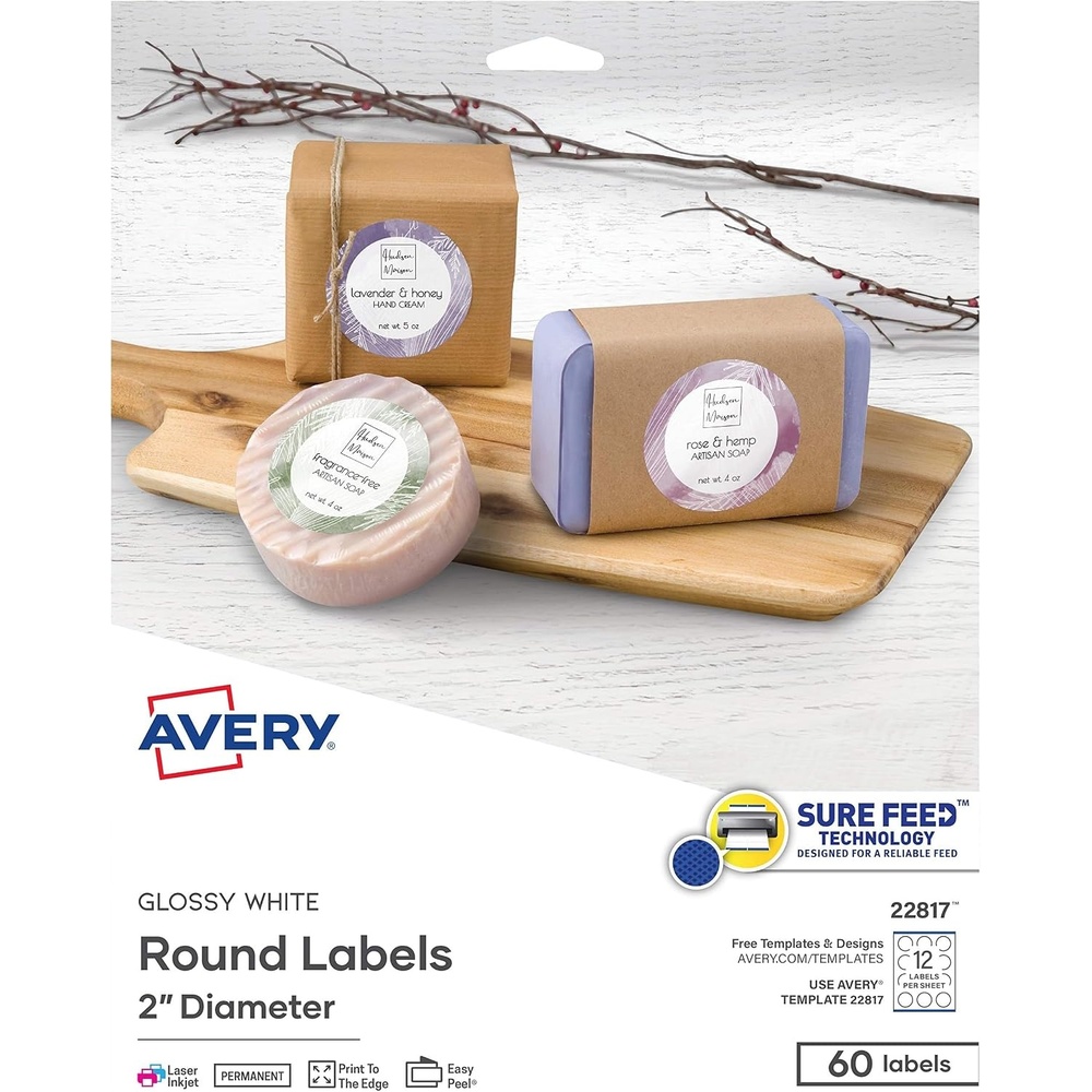 image:imageAvery Printable Round Labels with Sure Feed Technology 2 Diameter Glossy White Laser amp Inkjet Compatible 60 Blank Labels Total Great for Mailing Branding and More 2281760 Count Pack of 5