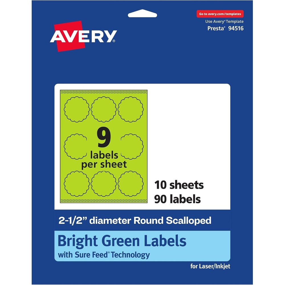 image:imageAvery Printable Round Scalloped Labels Sure Feed Technology 212 Diameter Bright Green Labels PrinttoTheEdge LaserInkjet Printable 90 Total Great for Mailing Seals and Candles90 labels