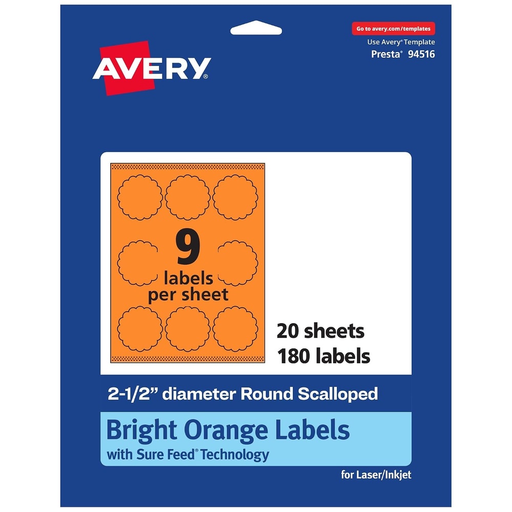 image:imageAvery Printable Round Scalloped Labels Sure Feed Technology 212 Diameter Bright Orange Labels PrinttoTheEdge LaserInkjet Printable 90 Total Great for Mailing Seals and Candles180 labels