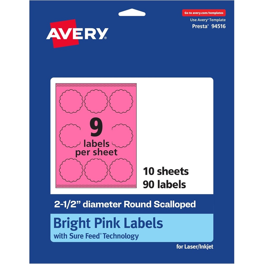 image:imageAvery Printable Round Scalloped Labels Sure Feed Technology 212 Diameter Bright Pink Labels PrinttoTheEdge LaserInkjet Printable 90 Total Great for Mailing Seals and Candles90 labels