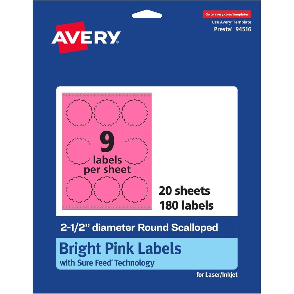 image:imageAvery Printable Round Scalloped Labels Sure Feed Technology 212 Diameter Bright Pink Labels PrinttoTheEdge LaserInkjet Printable 90 Total Great for Mailing Seals and Candles180 labels