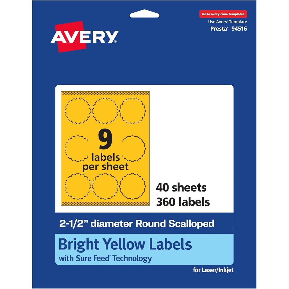 image:imageAvery Printable Round Scalloped Labels Sure Feed Technology 212 Diameter Bright Yellow Labels PrinttoTheEdge LaserInkjet Printable 90 Total Great for Mailing Seals and Candles360 labels