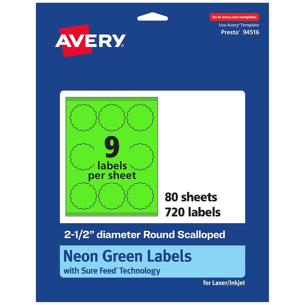 image:imageAvery Printable Round Scalloped Labels Sure Feed Technology 212 Diameter Neon Green Labels PrinttoTheEdge LaserInkjet Printable 90 Total Great for Mailing Seals and Candles720 labels