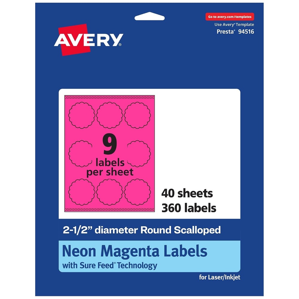 image:imageAvery Printable Round Scalloped Labels Sure Feed Technology 212 Diameter Neon Magenta Labels PrinttoTheEdge LaserInkjet Printable 180 Total Great for Mailing Seals and Candles360 labels
