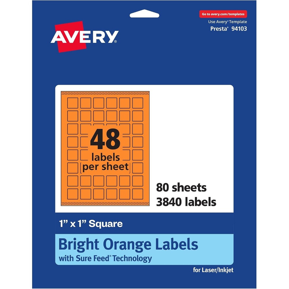 image:imageAvery Printable Square Labels Sure Feed Technology 1 x 1 Bright Orange Labels PrinttoTheEdge LaserInkjet Printable 3840 Total Great for Soaps and QR Codes3 840 labels