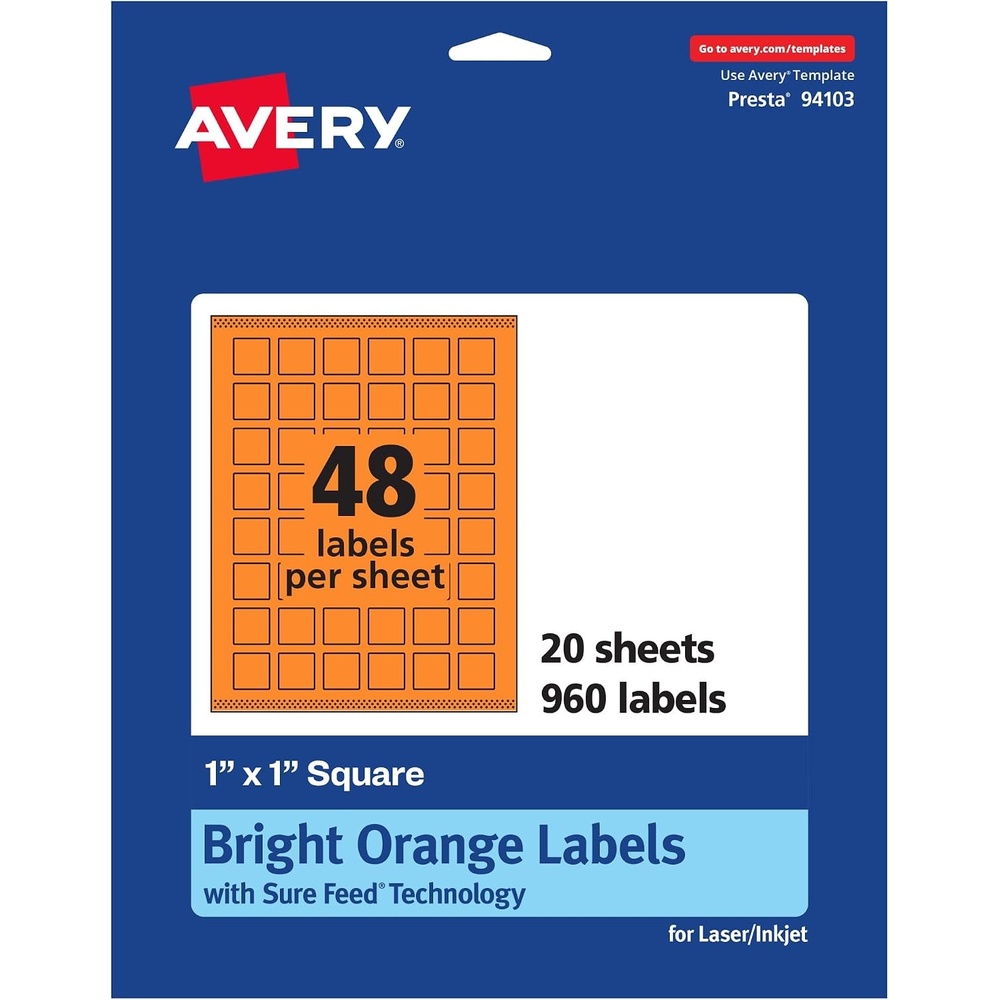 image:imageAvery Printable Square Labels Sure Feed Technology 1 x 1 Bright Orange Labels PrinttoTheEdge LaserInkjet Printable 3840 Total Great for Soaps and QR Codes960 labels