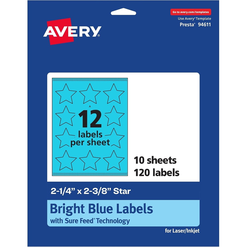 image:imageAvery Printable Star Labels Sure Feed Technology 214 x 238 Bright Blue Labels PrinttoTheEdge LaserInkjet 120 Total Great for Reward Stickers and Mailing Seals120 labels