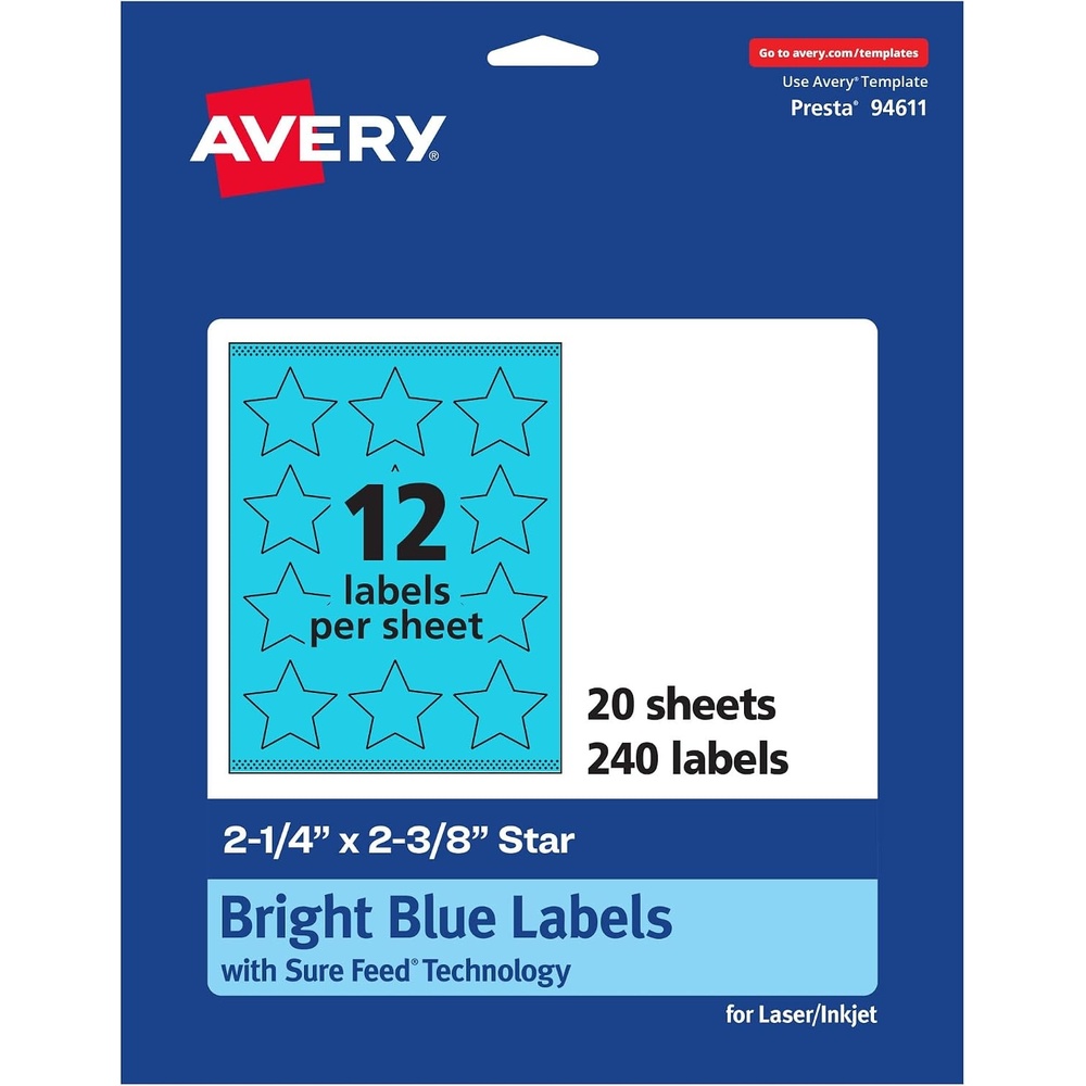 image:imageAvery Printable Star Labels Sure Feed Technology 214 x 238 Bright Blue Labels PrinttoTheEdge LaserInkjet 120 Total Great for Reward Stickers and Mailing Seals240 labels