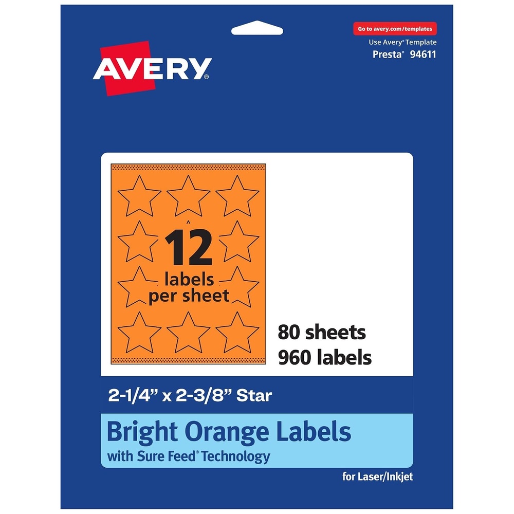 image:imageAvery Printable Star Labels Sure Feed Technology 214 x 238 Bright Orange Labels PrinttoTheEdge LaserInkjet 120 Total Great for Reward Stickers and Mailing Seals960 labels