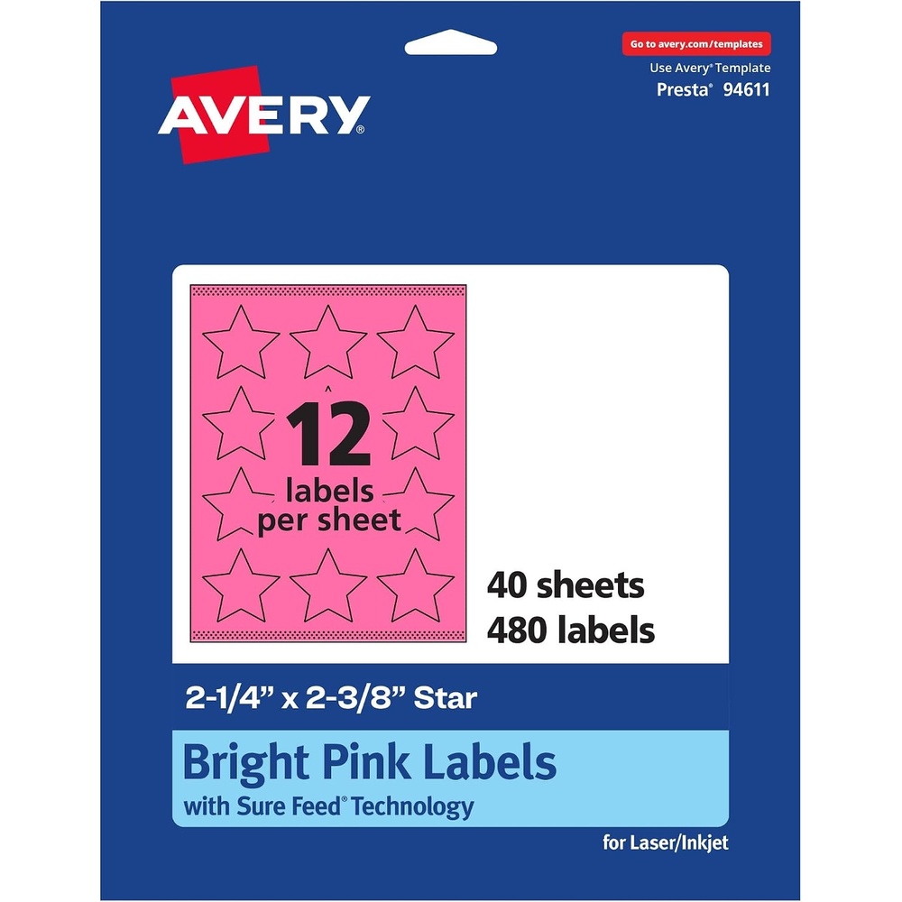 image:imageAvery Printable Star Labels Sure Feed Technology 214 x 238 Bright Pink Labels PrinttoTheEdge LaserInkjet 240 Total Great for Reward Stickers and Mailing Seals480 labels