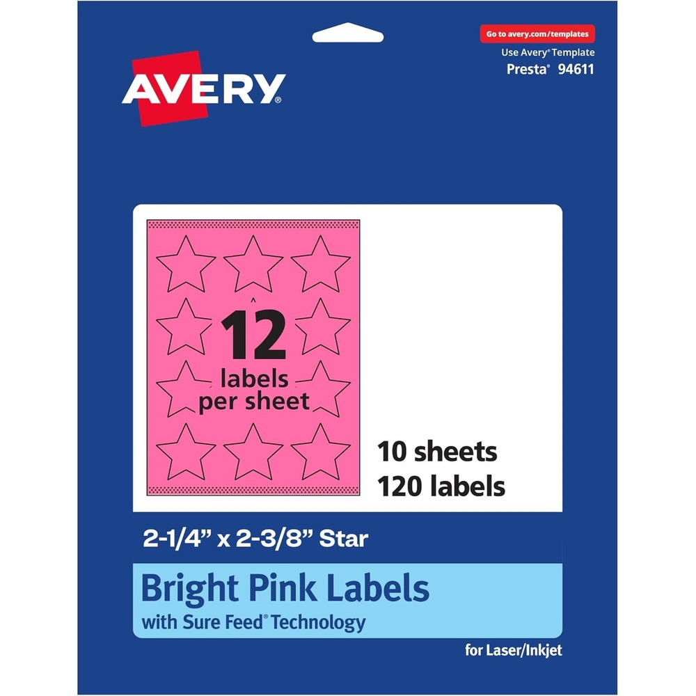 image:imageAvery Printable Star Labels Sure Feed Technology 214 x 238 Bright Pink Labels PrinttoTheEdge LaserInkjet 240 Total Great for Reward Stickers and Mailing Seals120 labels