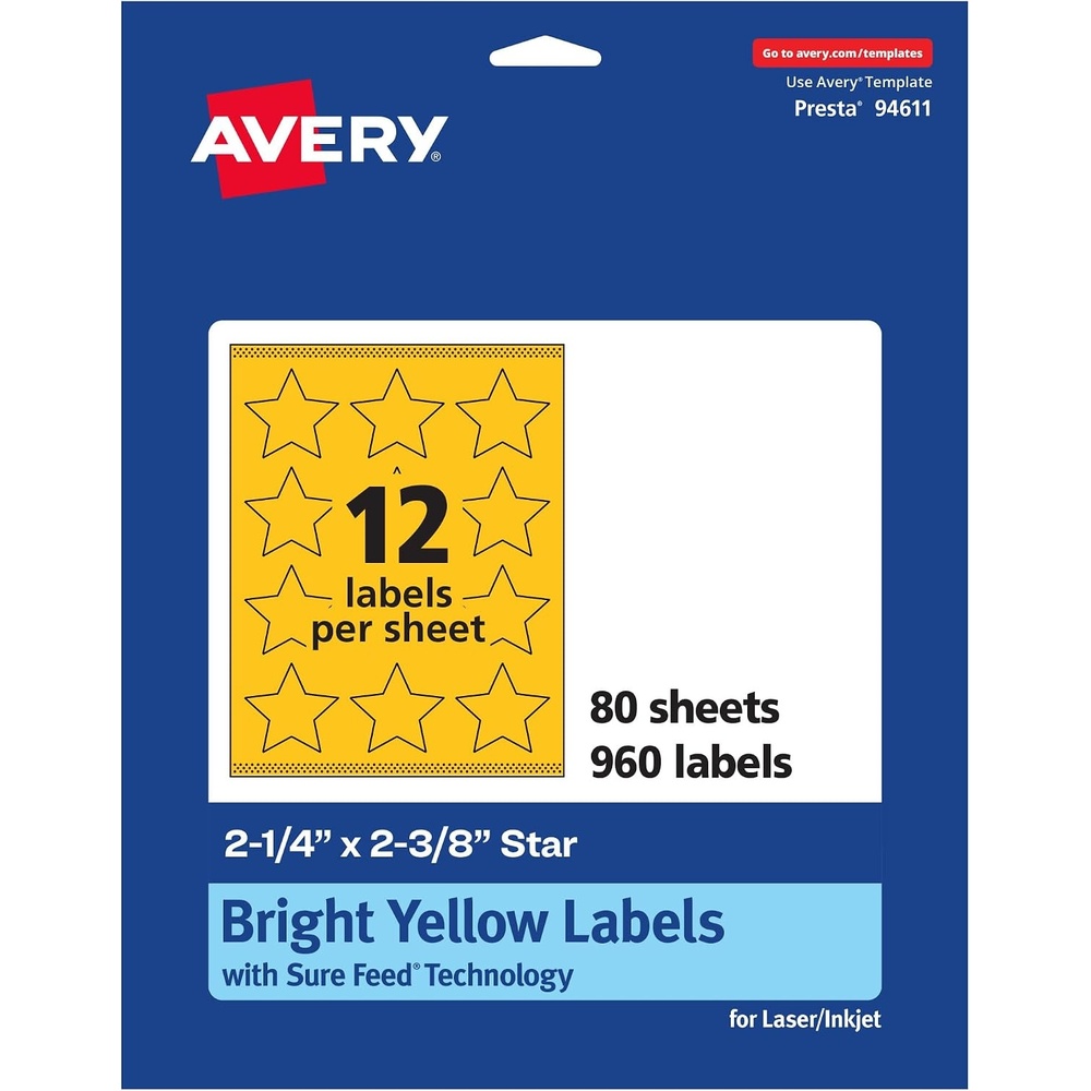 image:imageAvery Printable Star Labels Sure Feed Technology 214 x 238 Bright Yellow Labels PrinttoTheEdge LaserInkjet 120 Total Great for Reward Stickers and Mailing Seals960 labels
