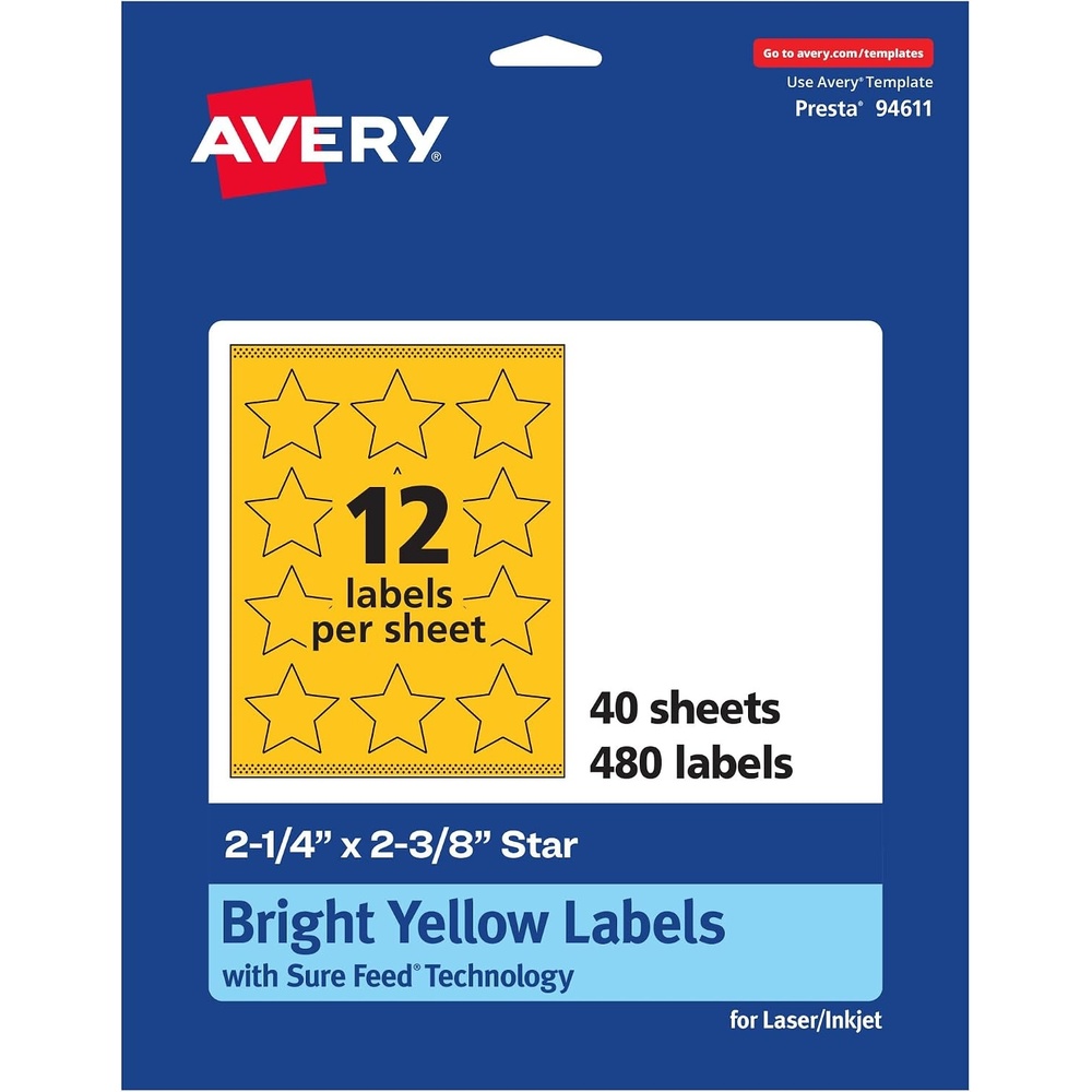 image:imageAvery Printable Star Labels Sure Feed Technology 214 x 238 Bright Yellow Labels PrinttoTheEdge LaserInkjet 120 Total Great for Reward Stickers and Mailing Seals480 labels