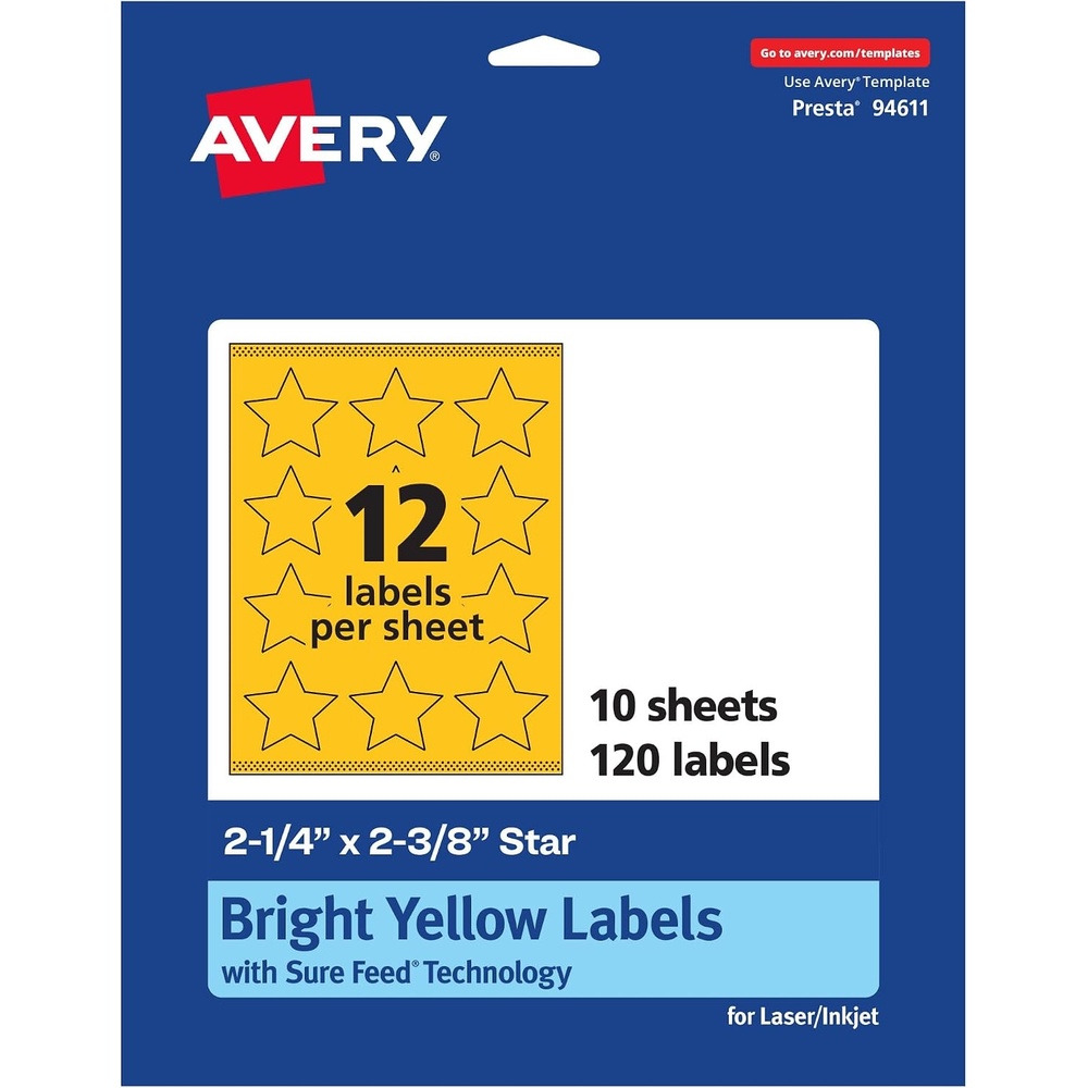 image:imageAvery Printable Star Labels Sure Feed Technology 214 x 238 Bright Yellow Labels PrinttoTheEdge LaserInkjet 120 Total Great for Reward Stickers and Mailing Seals120 labels