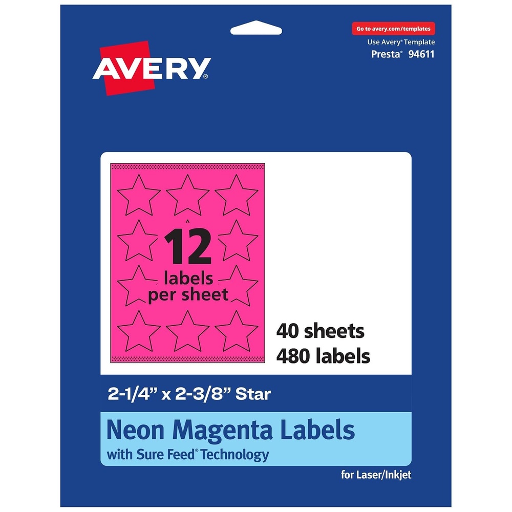 image:imageAvery Printable Star Labels Sure Feed Technology 214 x 238 Neon Magenta Labels PrinttoTheEdge LaserInkjet 120 Total Great for Reward Stickers and Mailing Seals480 labels