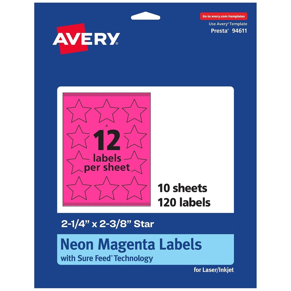 image:imageAvery Printable Star Labels Sure Feed Technology 214 x 238 Neon Magenta Labels PrinttoTheEdge LaserInkjet 120 Total Great for Reward Stickers and Mailing Seals120 labels