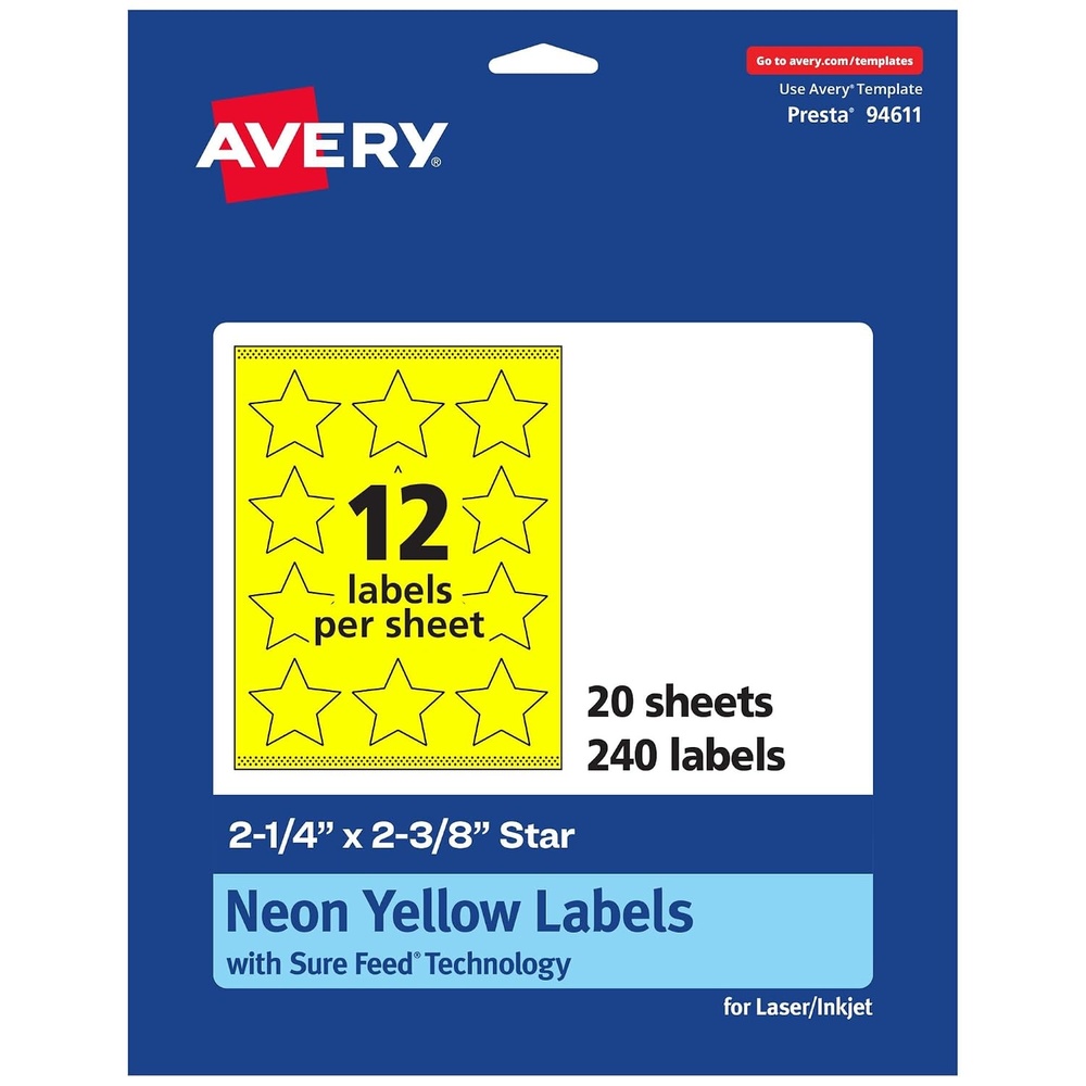 image:imageAvery Printable Star Labels Sure Feed Technology 214 x 238 Neon Yellow Labels PrinttotheEdge LaserInkjet 120 Total Great for Reward Stickers and Mailing Seals240 labels