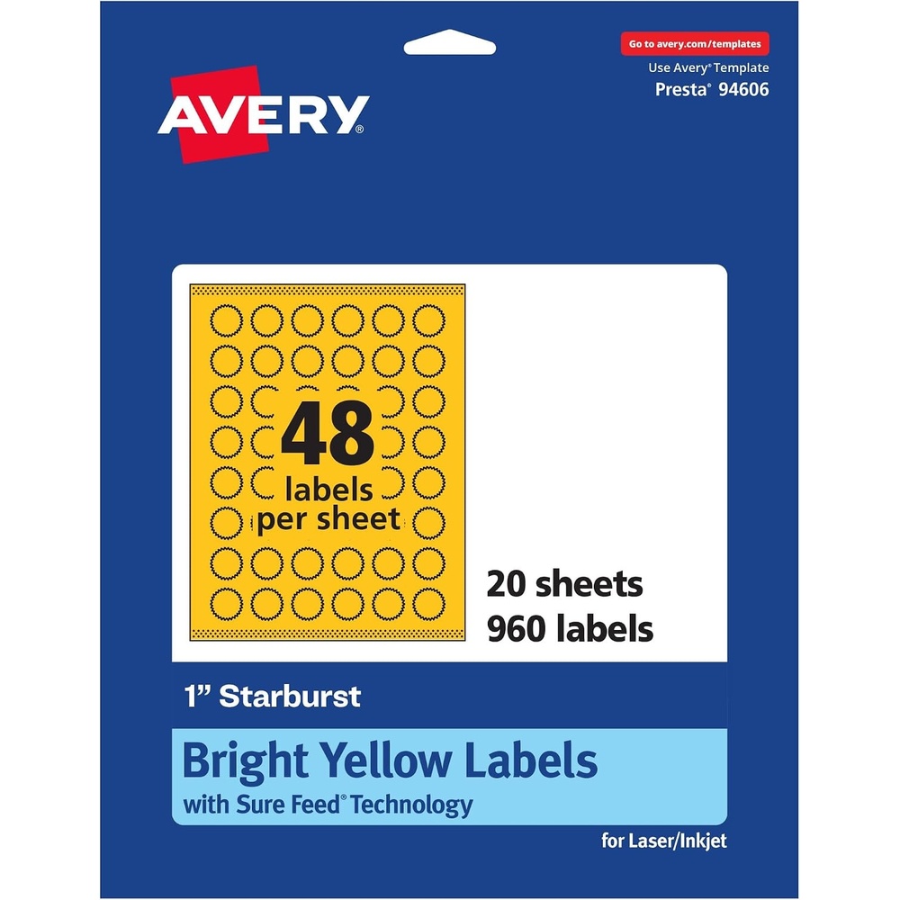 image:imageAvery Printable Starburst Labels Sure Feed Technology 1 Bright Yellow Labels PrinttotheEdge LaserInkjet 480 Total Great for Mailing Seals and Planner Stickers960 labels
