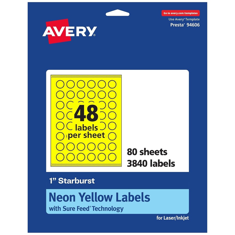 image:imageAvery Printable Starburst Labels Sure Feed Technology 1 Neon Yellow Labels PrinttotheEdge LaserInkjet 960 Total Great for Mailing Seals and Planner Stickers3 840 labels