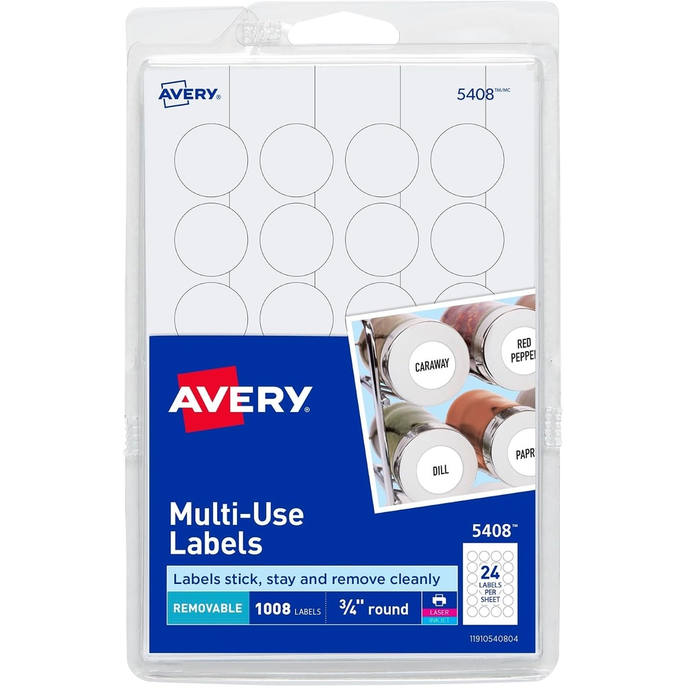 image:imageAvery Removable Print or Write Labels for Laser and Inkjet Printers 075 Inches Round Pack of 1008 540818 Packs