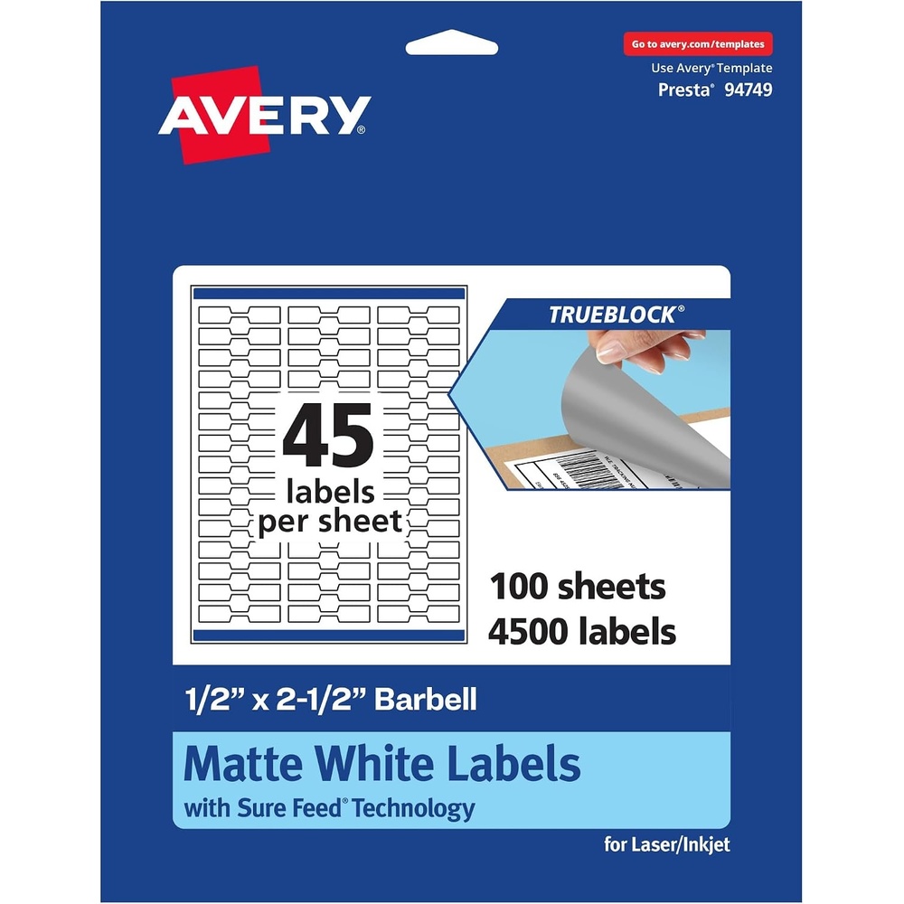 image:imageAvery TrueBlock Matte White Barbell Labels Sure Feed Technology 05 x 25 450 Matte White Labels LaserInkjet Printable Great for Jewelry and Product Merchandising4 500 labels