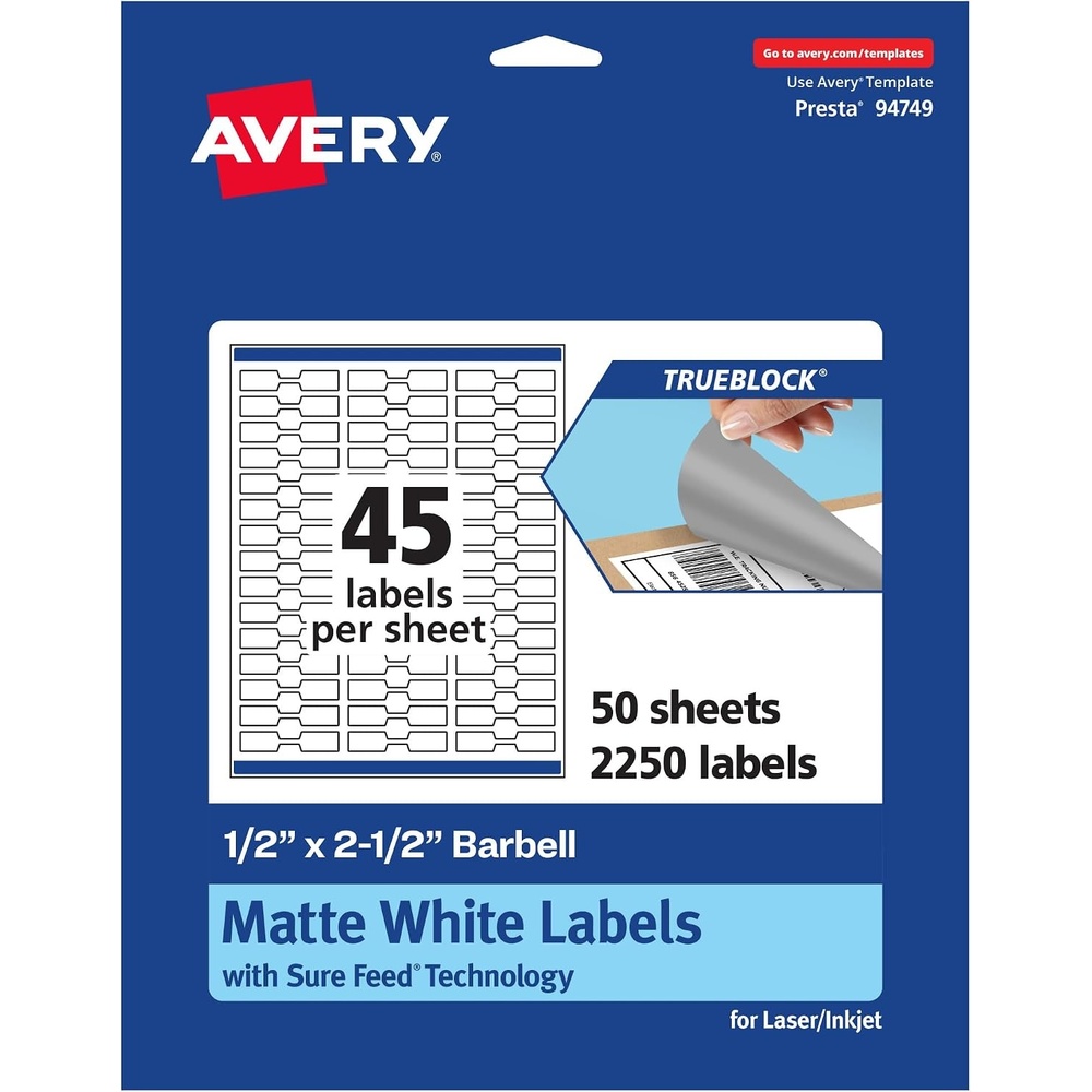 image:imageAvery TrueBlock Matte White Barbell Labels Sure Feed Technology 05 x 25 450 Matte White Labels LaserInkjet Printable Great for Jewelry and Product Merchandising2 250 labels