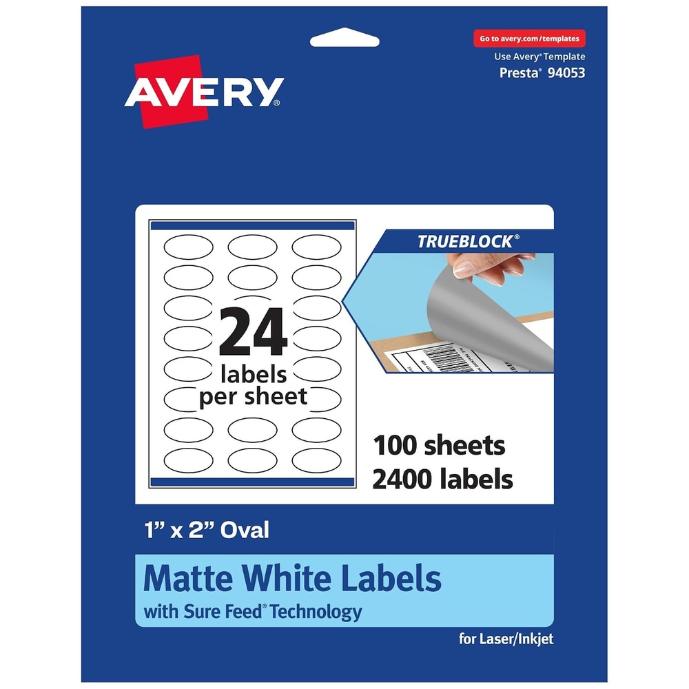 image:imageAvery TrueBlock Matte White Oval Labels Sure Feed Technology 1 x 2 240 Matte White Labels PrinttoTheEdge LaserInkjet Printable Great for Packaging and Product Merchandising2 400 labels