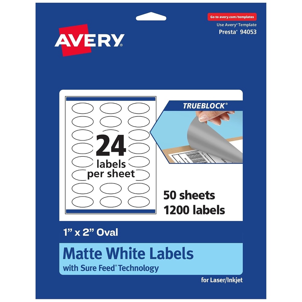 image:imageAvery TrueBlock Matte White Oval Labels Sure Feed Technology 1 x 2 240 Matte White Labels PrinttoTheEdge LaserInkjet Printable Great for Packaging and Product Merchandising1 200 labels