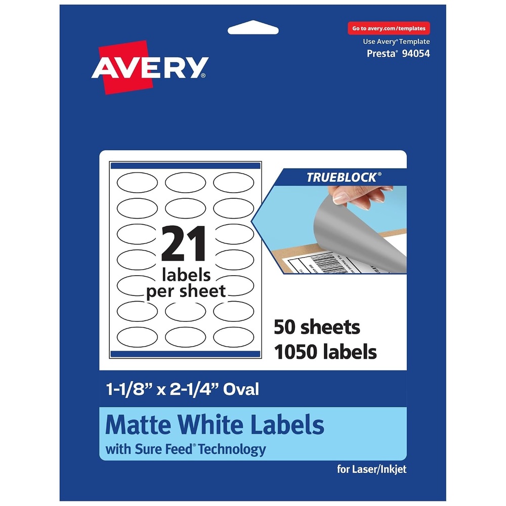 image:imageAvery TrueBlock Matte White Oval Labels Sure Feed Technology 118 x 214 210 Matte White Labels PrinttoTheEdge LaserInkjet Printable Great for Packaging and Product Merchandising1 050 labels