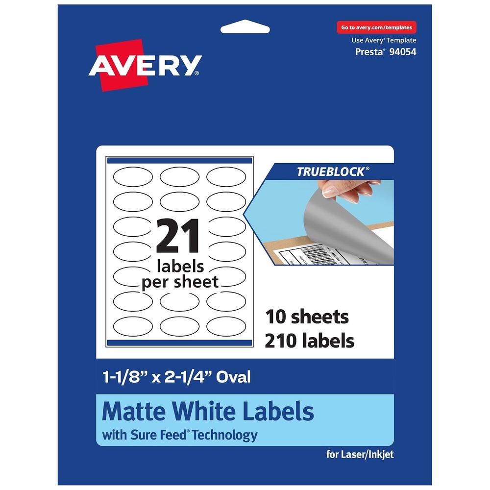 image:imageAvery TrueBlock Matte White Oval Labels Sure Feed Technology 118 x 214 210 Matte White Labels PrinttoTheEdge LaserInkjet Printable Great for Packaging and Product Merchandising210 labels