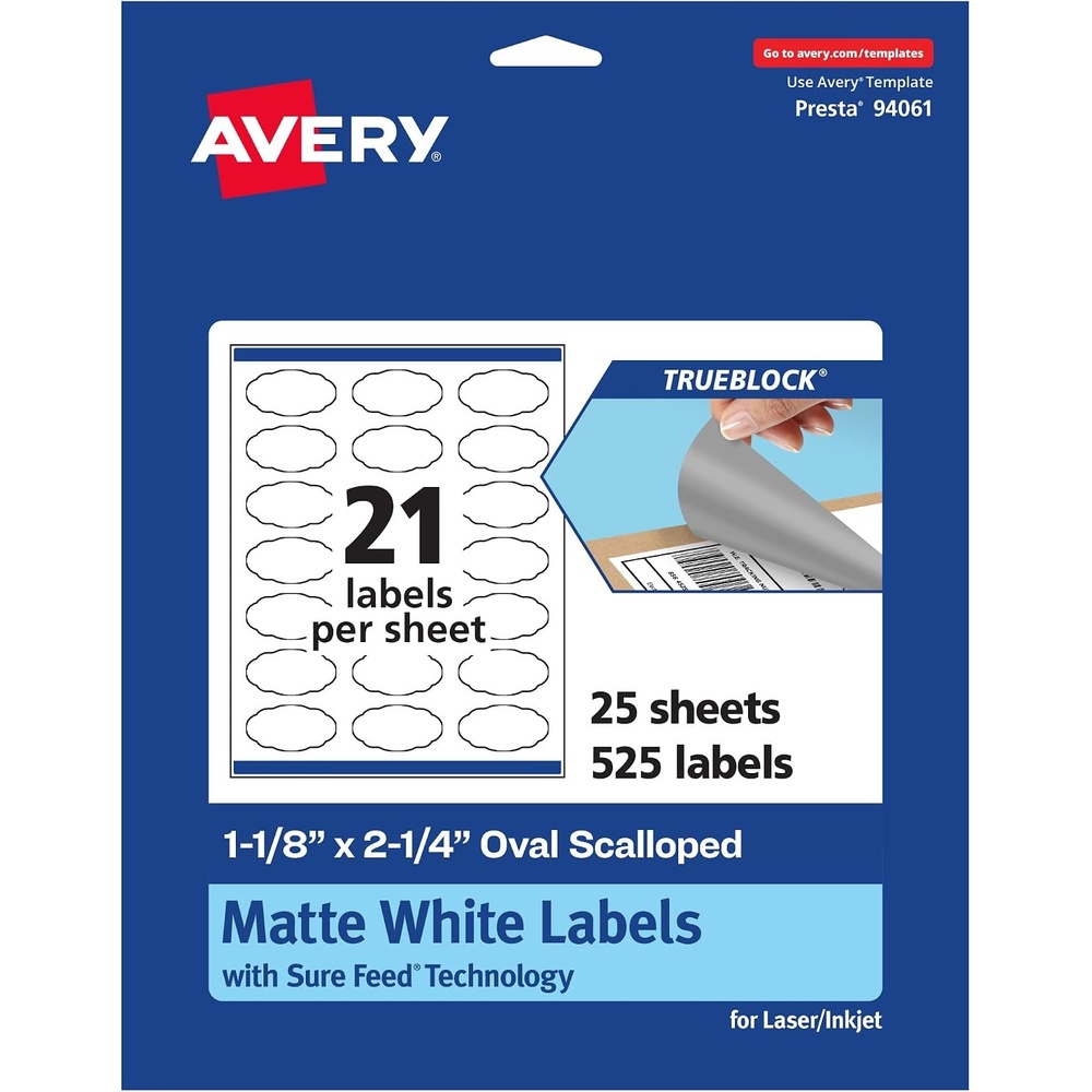 image:imageAvery TrueBlock Matte White Oval Scalloped Labels with Sure Feed 118 x 214 210 Matte White Labels PrinttoTheEdge LaserInkjet Printable Labels Great for Packaging and Product Labels525 labels