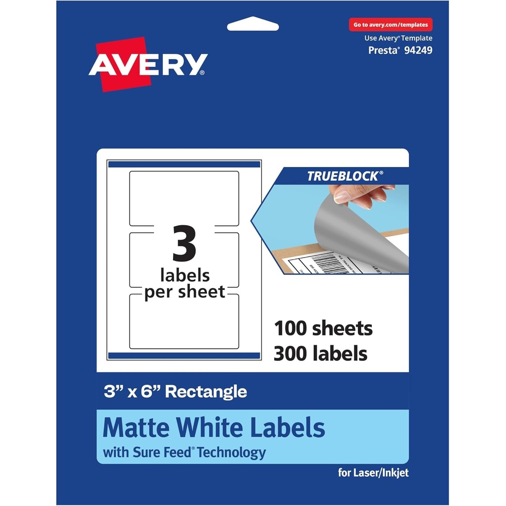 image:imageAvery TrueBlock Matte White Rectangle Labels Sure Feed Technology 3 x 6 30 Matte White Labels PrinttoTheEdge LaserInkjet Printable Great for Packaging and Product Merchandising300 labels