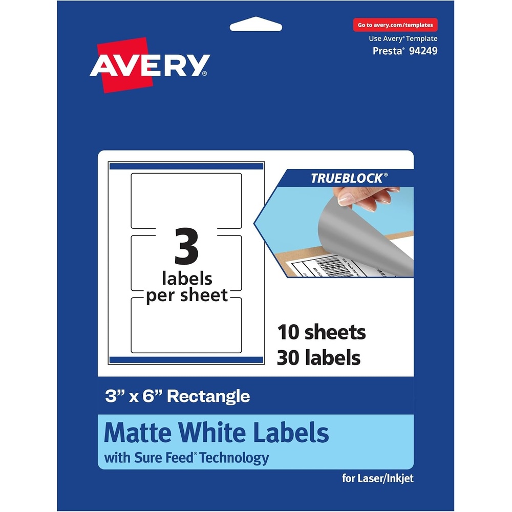 image:imageAvery TrueBlock Matte White Rectangle Labels Sure Feed Technology 3 x 6 30 Matte White Labels PrinttoTheEdge LaserInkjet Printable Great for Packaging and Product Merchandising30 labels