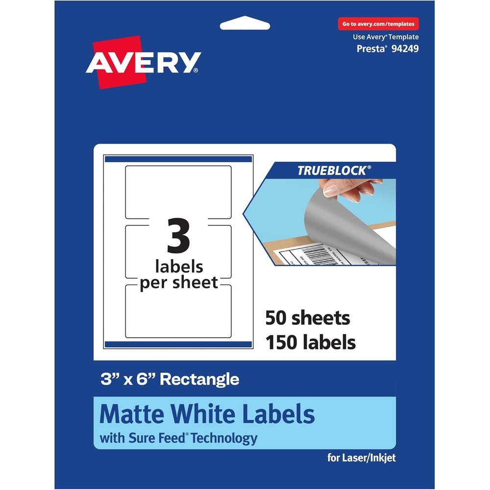 image:imageAvery TrueBlock Matte White Rectangle Labels Sure Feed Technology 3 x 6 30 Matte White Labels PrinttoTheEdge LaserInkjet Printable Great for Packaging and Product Merchandising150 labels